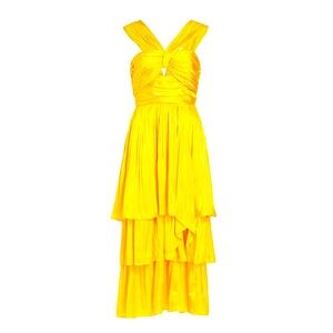 New Cinq à Sept Malia Pleated Satin Midi-Dress
Size 10 (US)
Color: Vivid Yellow